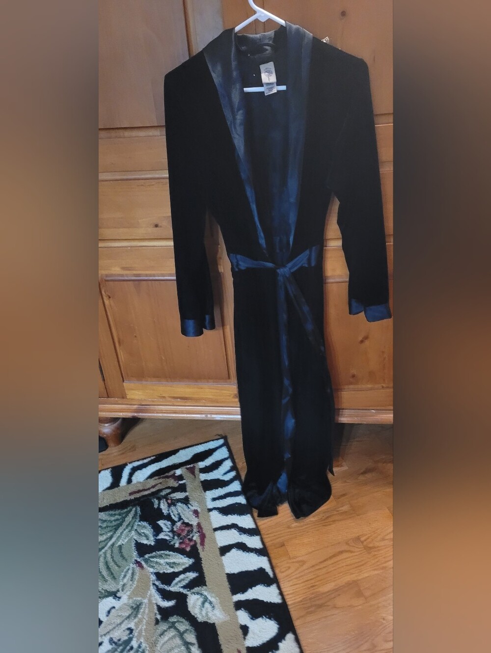 In Bloom Black Velvet Robe with Satin Trim and Tie Belt